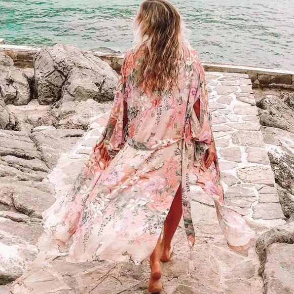 Pink Floral Lily Printed Boho Kimono Duster Robe - Picture 5 of 10